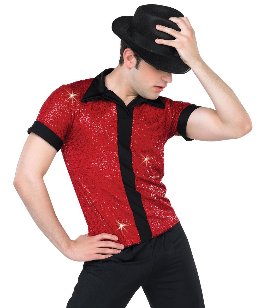 A Wish come true 12743 Sequin Placket Guy Shirt Red & black size small